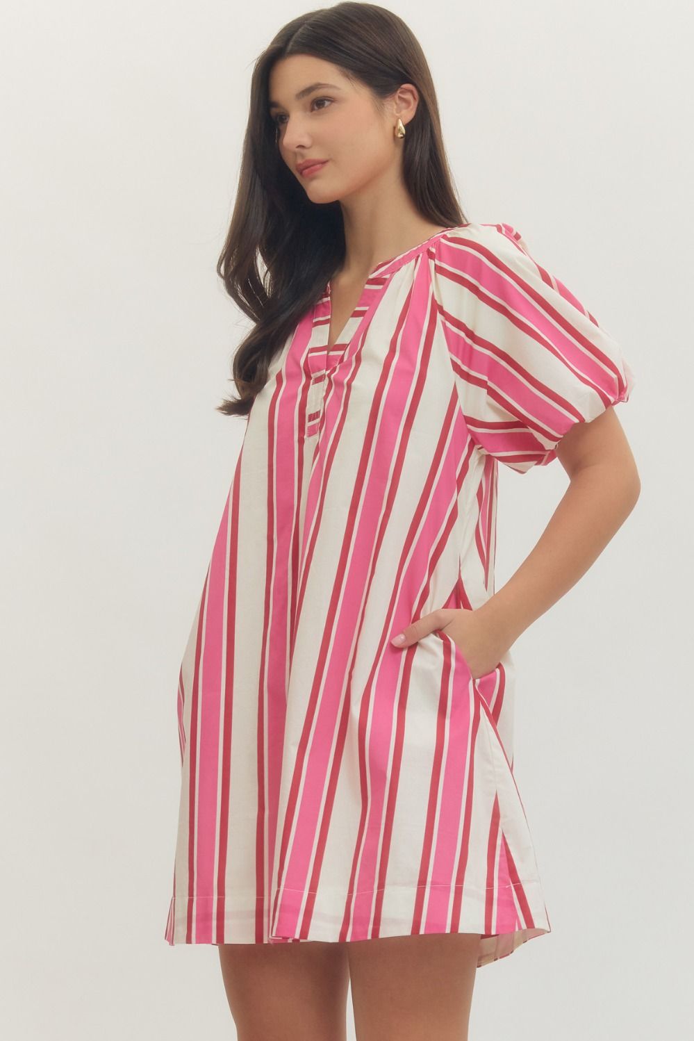 Stripe Puff Sleeve Mini Dress - Pink/Red