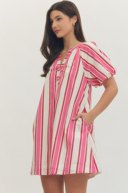 Stripe Puff Sleeve Mini Dress - Pink/Red