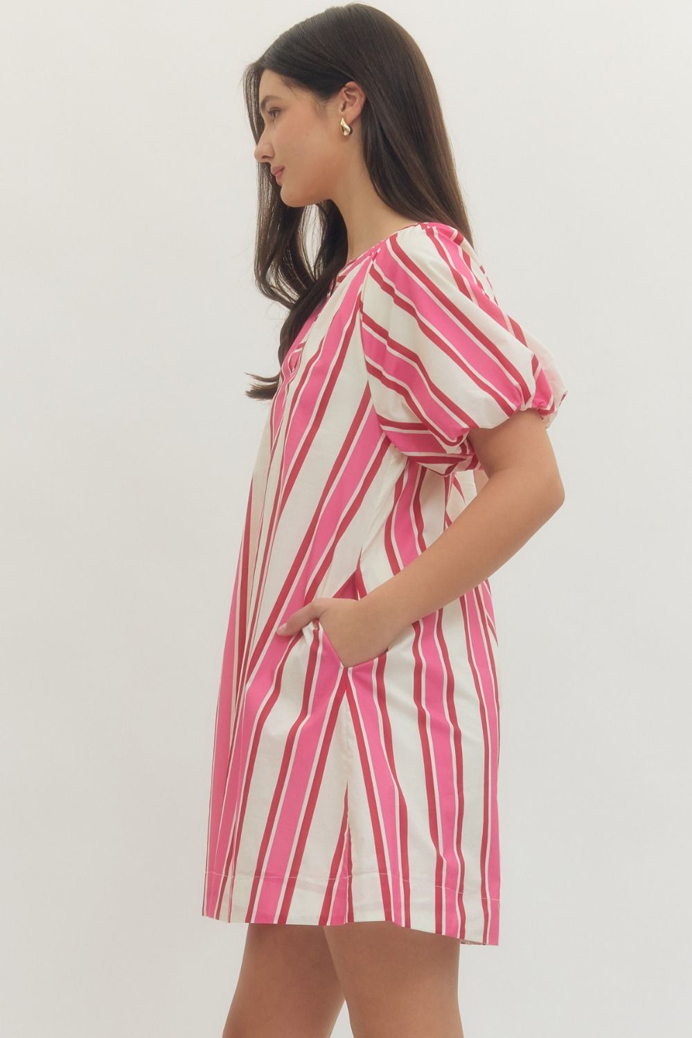 Stripe Puff Sleeve Mini Dress - Pink/Red