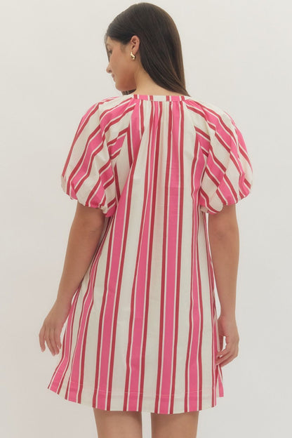 Stripe Puff Sleeve Mini Dress - Pink/Red