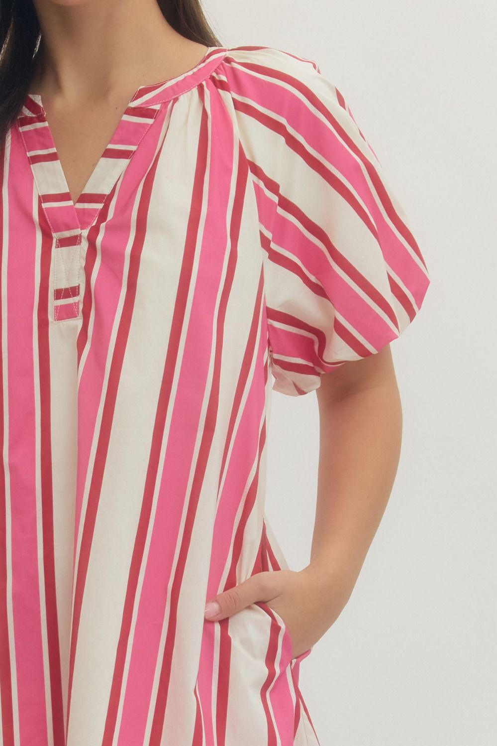 Stripe Puff Sleeve Mini Dress - Pink/Red