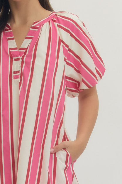 Stripe Puff Sleeve Mini Dress - Pink/Red