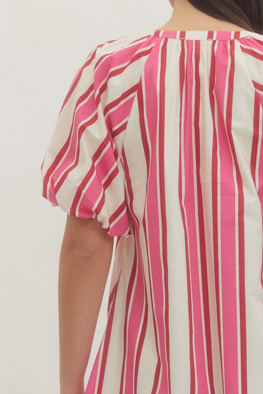 Stripe Puff Sleeve Mini Dress - Pink/Red