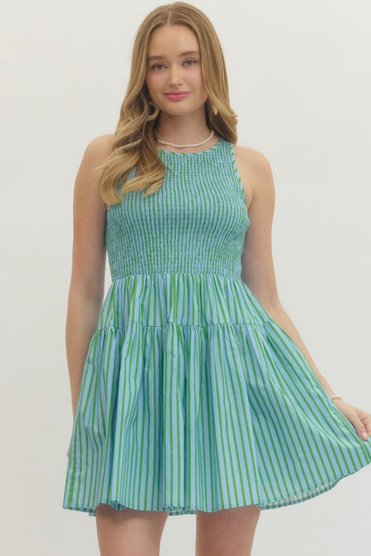 Striped Sleeveless Mini Dress - Green/Blue