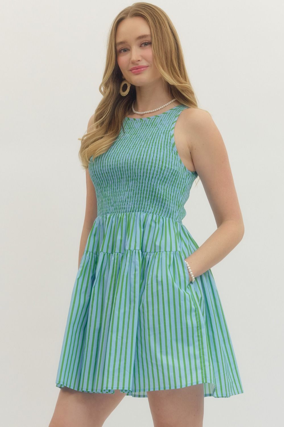 Striped Sleeveless Mini Dress - Green/Blue