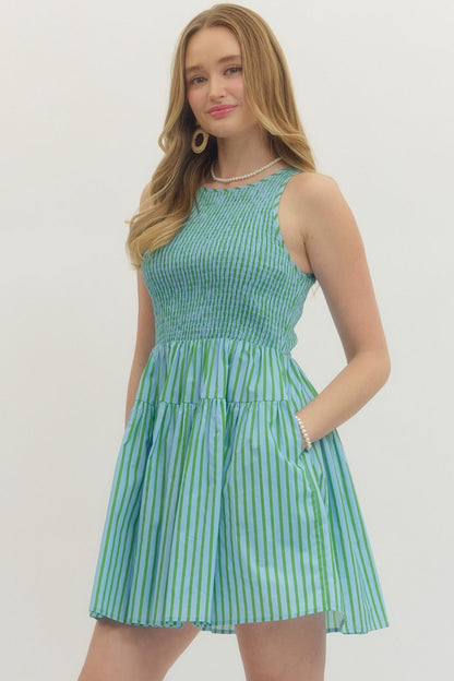 Striped Sleeveless Mini Dress - Green/Blue