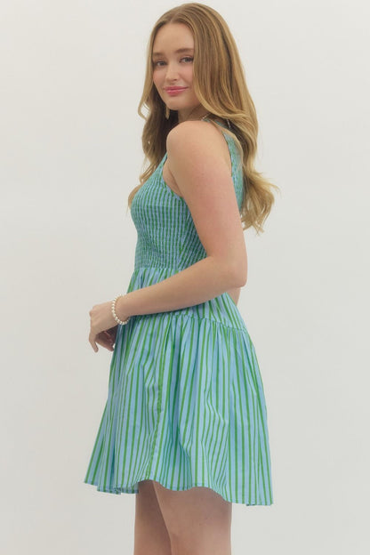Striped Sleeveless Mini Dress - Green/Blue