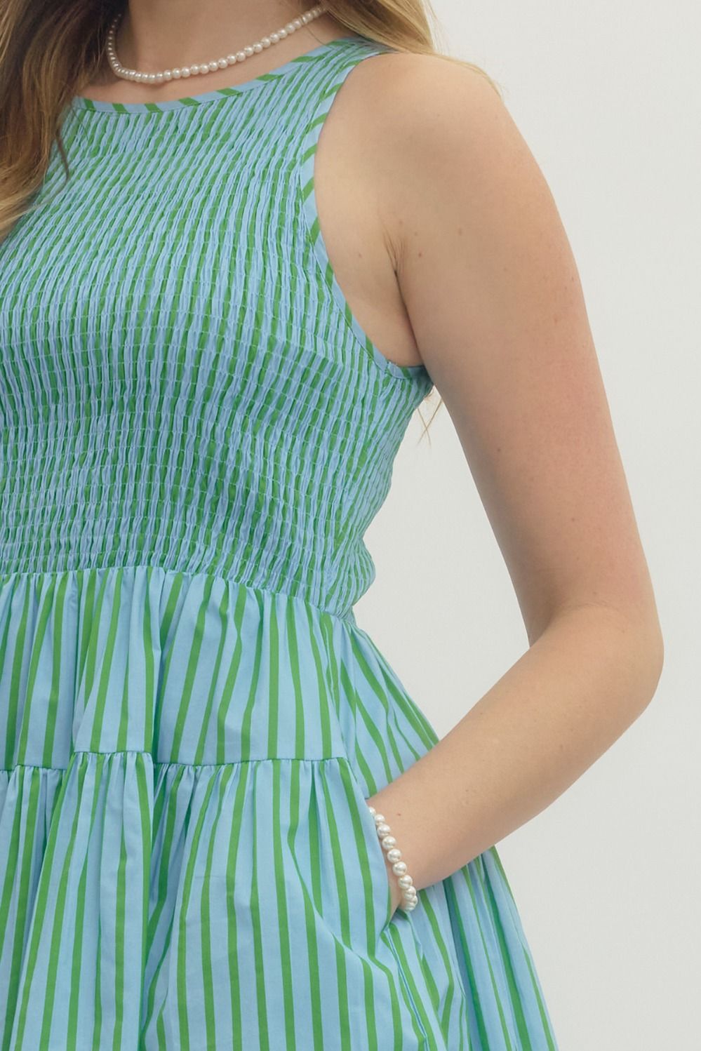 Striped Sleeveless Mini Dress - Green/Blue
