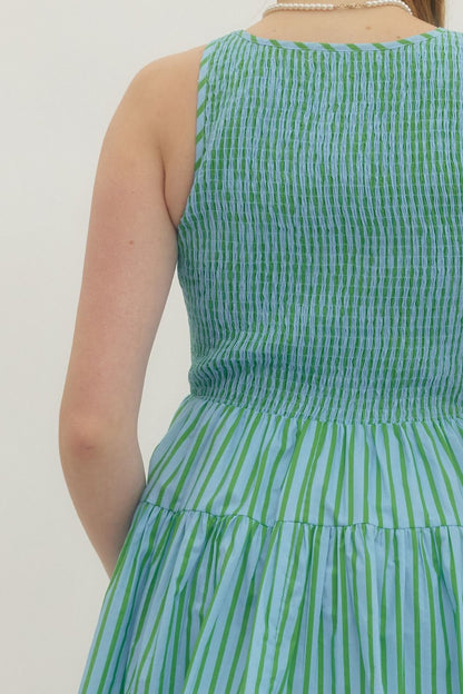 Striped Sleeveless Mini Dress - Green/Blue