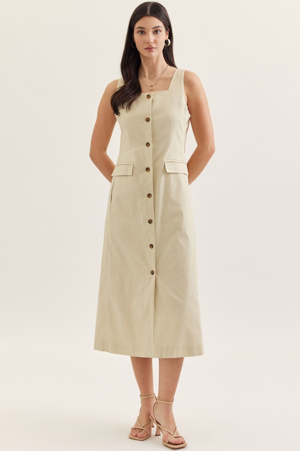 Square Neck Solid Sleeveless Midi Dress - Ecru
