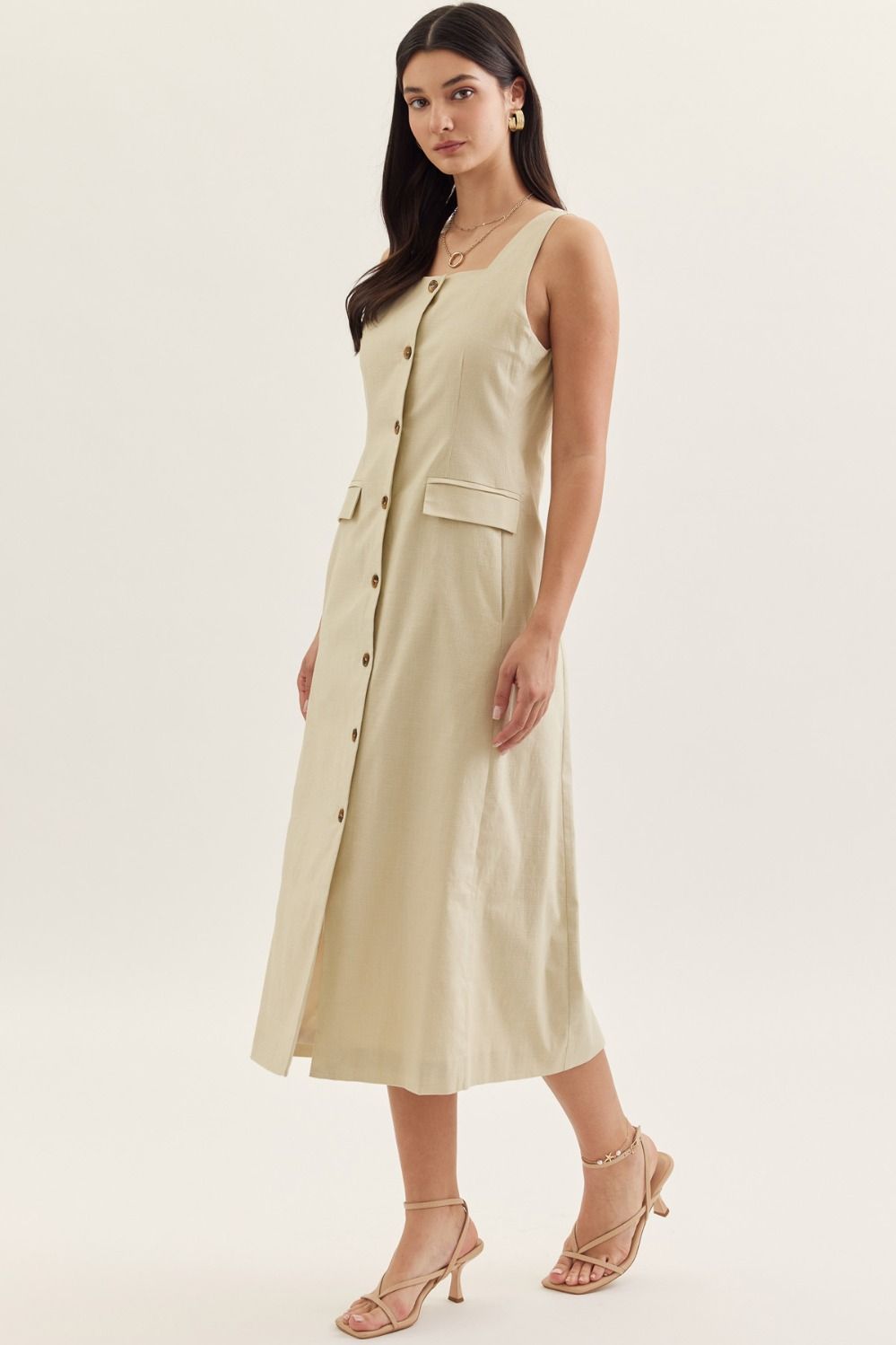 Square Neck Solid Sleeveless Midi Dress - Ecru