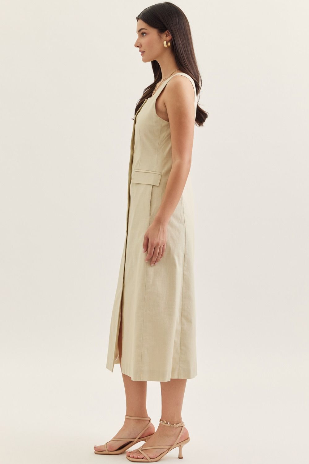 Square Neck Solid Sleeveless Midi Dress - Ecru