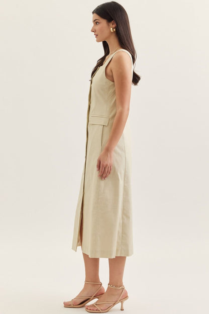 Square Neck Solid Sleeveless Midi Dress - Ecru