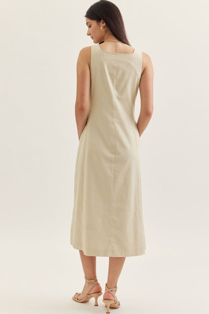 Square Neck Solid Sleeveless Midi Dress - Ecru