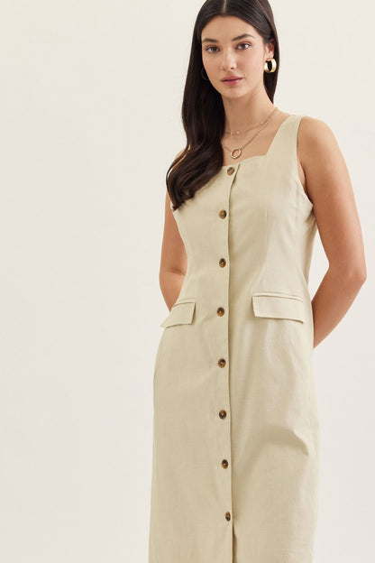 Square Neck Solid Sleeveless Midi Dress - Ecru