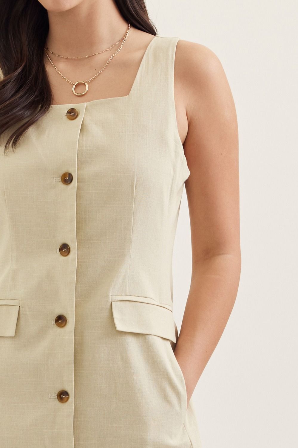 Square Neck Solid Sleeveless Midi Dress - Ecru