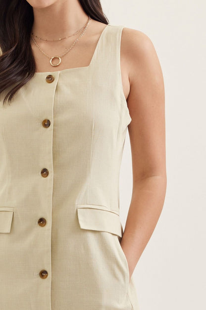 Square Neck Solid Sleeveless Midi Dress - Ecru