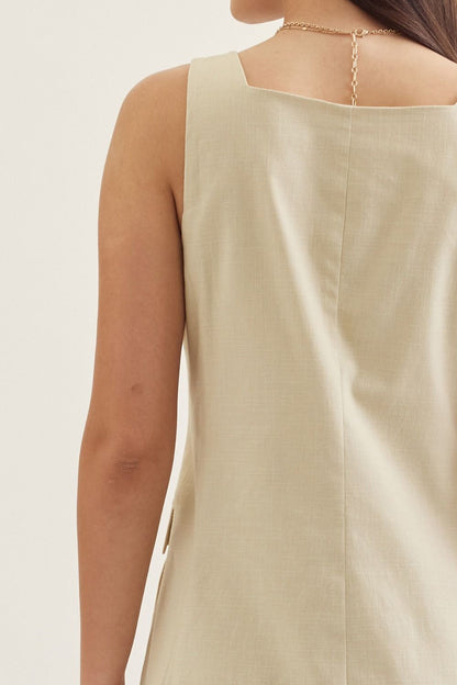 Square Neck Solid Sleeveless Midi Dress - Ecru