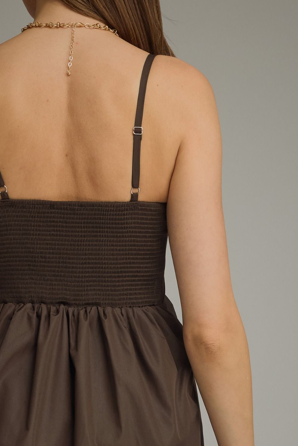 Pleated Bodice Sleeveless Mini Dress - Brown