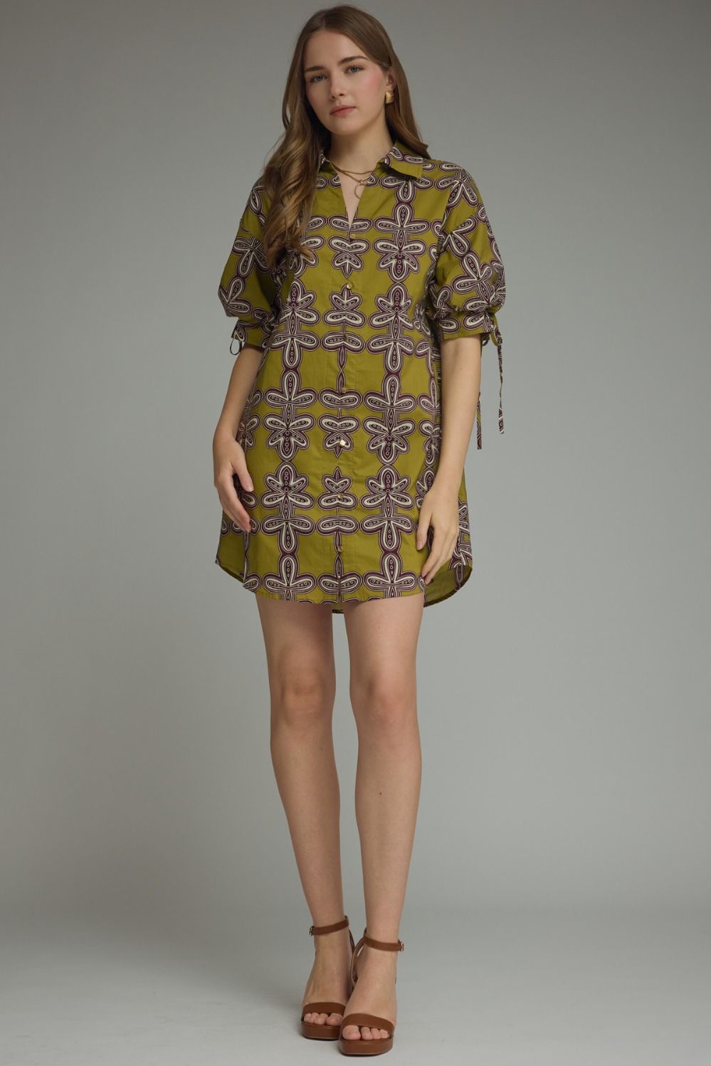 Tie Sleeve Printed Dress - Martini Olive