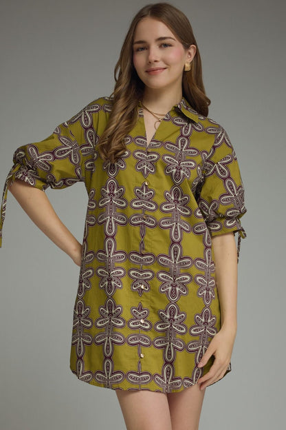 Tie Sleeve Printed Dress - Martini Olive