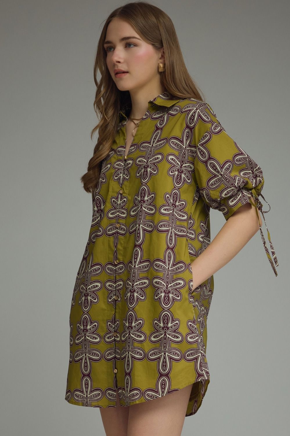 Tie Sleeve Printed Dress - Martini Olive