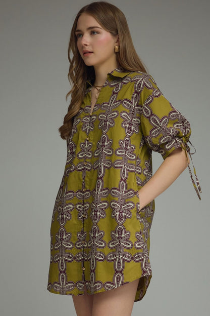 Tie Sleeve Printed Dress - Martini Olive