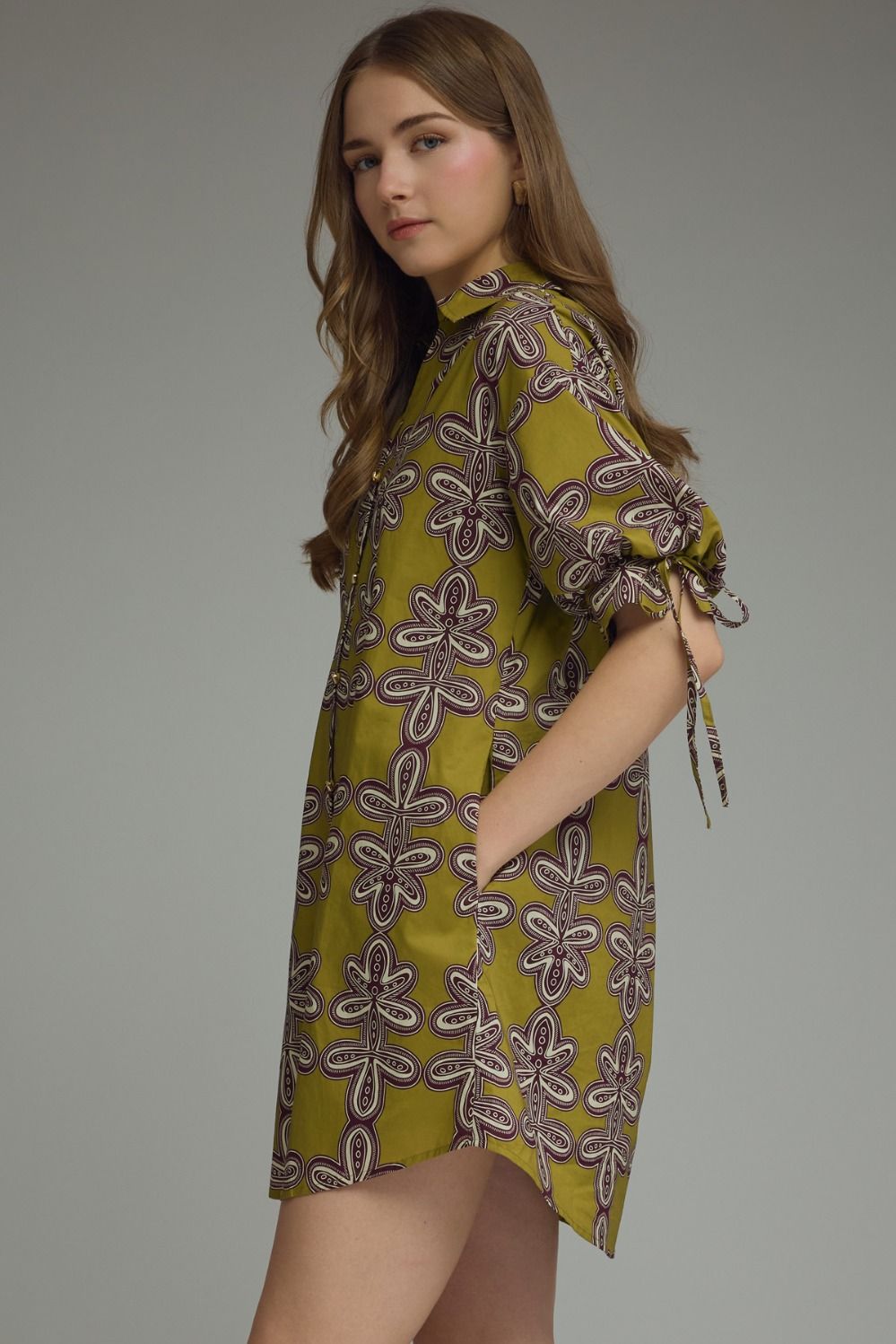Tie Sleeve Printed Dress - Martini Olive