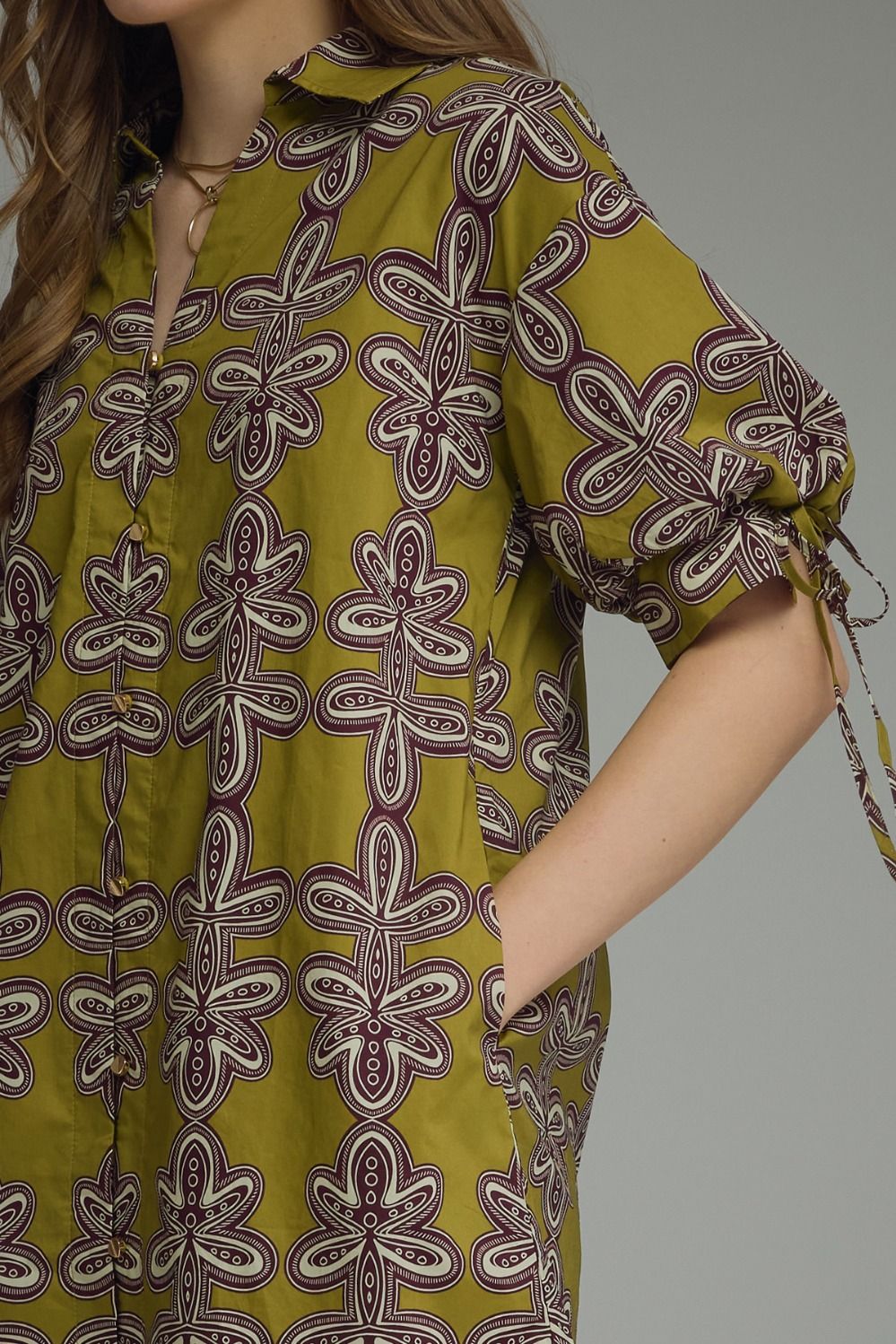 Tie Sleeve Printed Dress - Martini Olive