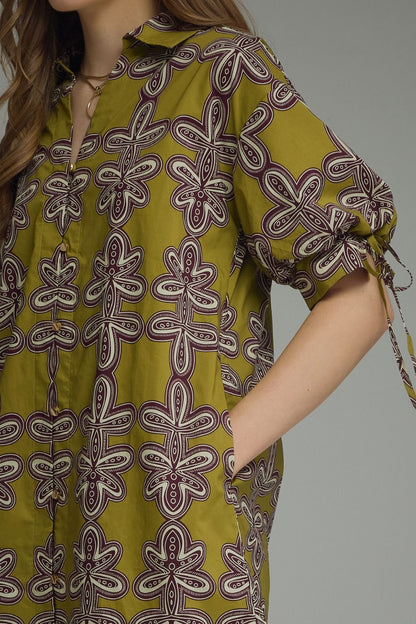 Tie Sleeve Printed Dress - Martini Olive