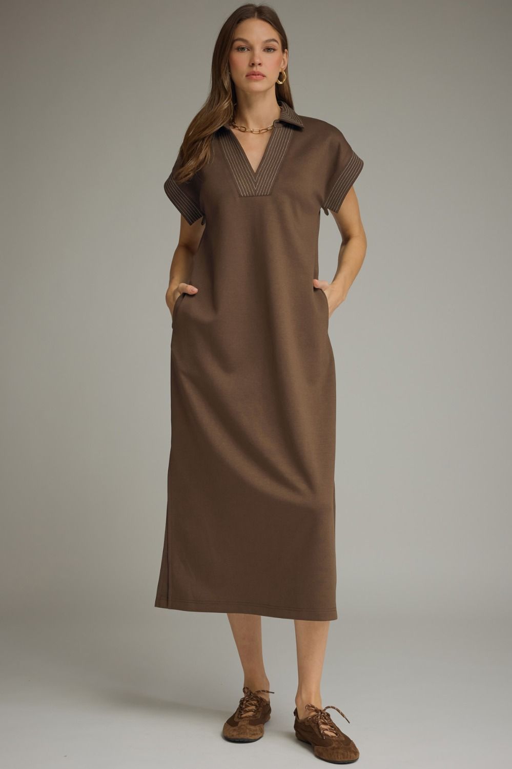 Contrast Stitch Collared Midi Dress - Brown