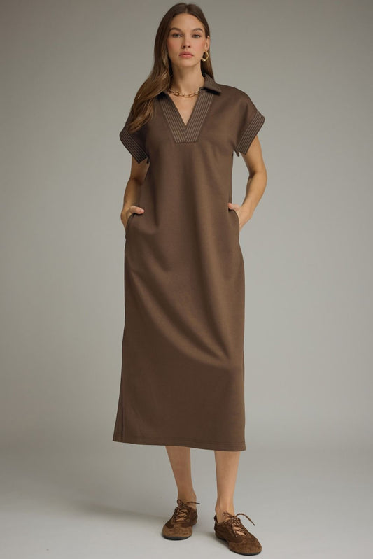 Contrast Stitch Collared Midi Dress - Brown