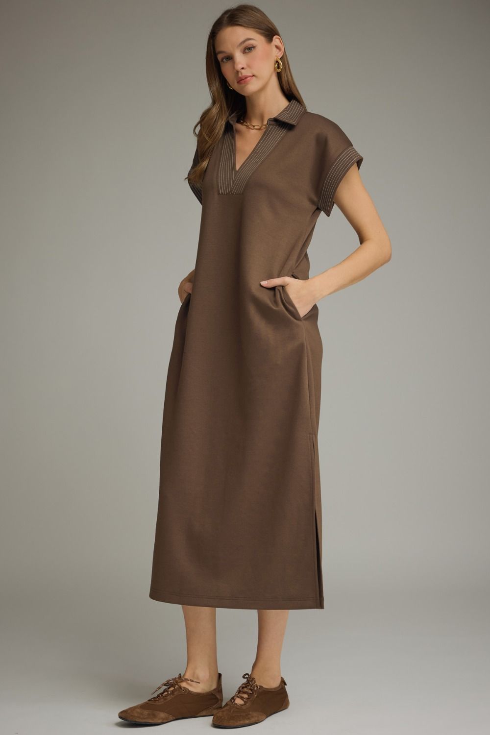 Contrast Stitch Collared Midi Dress - Brown