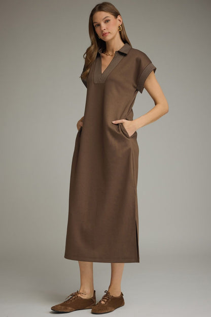Contrast Stitch Collared Midi Dress - Brown