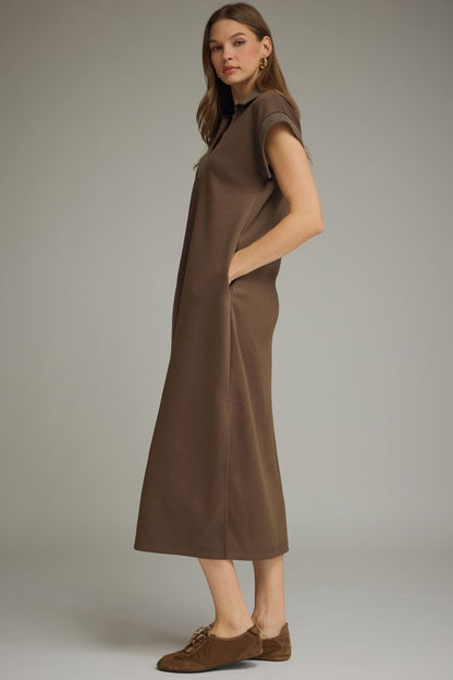 Contrast Stitch Collared Midi Dress - Brown