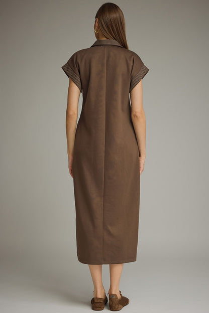 Contrast Stitch Collared Midi Dress - Brown