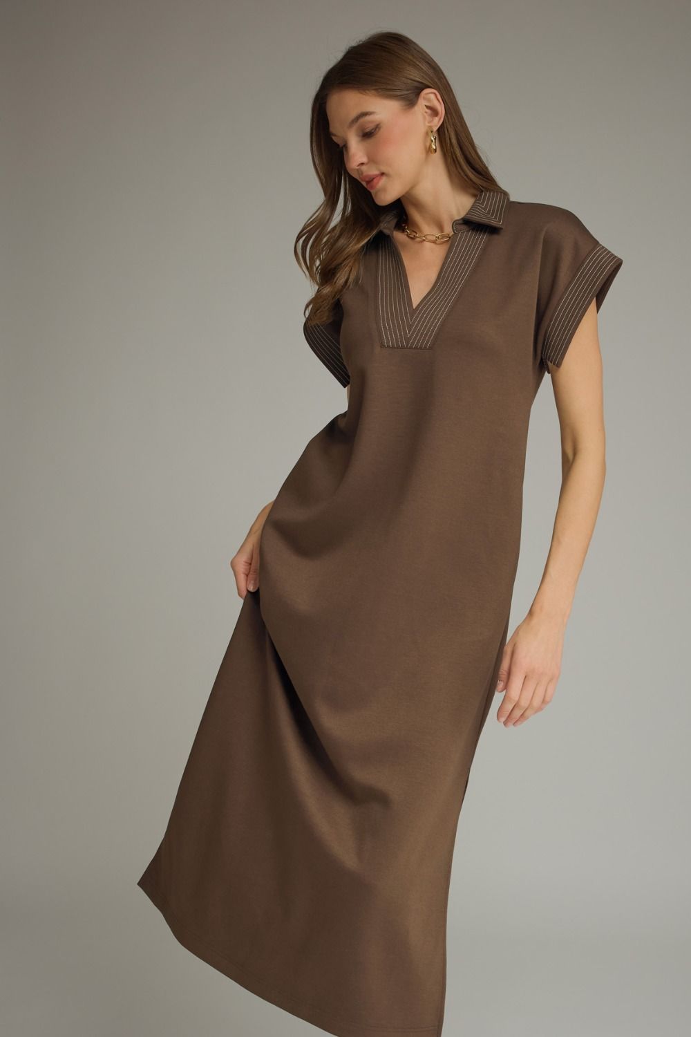 Contrast Stitch Collared Midi Dress - Brown
