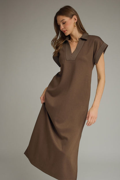 Contrast Stitch Collared Midi Dress - Brown