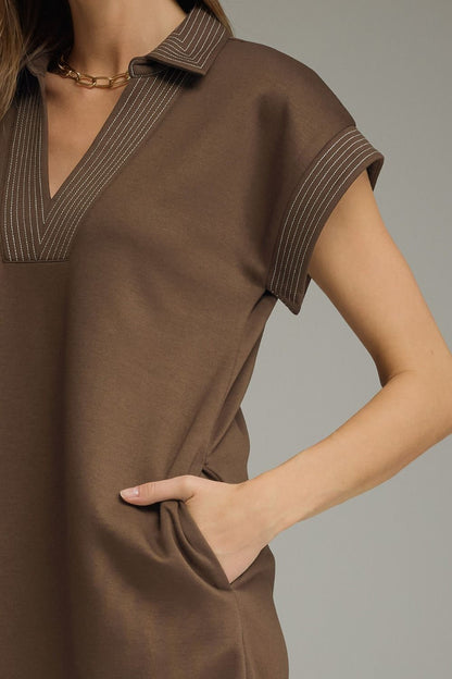 Contrast Stitch Collared Midi Dress - Brown