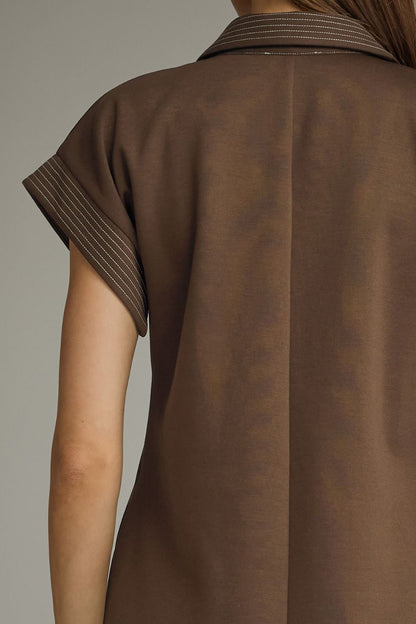 Contrast Stitch Collared Midi Dress - Brown