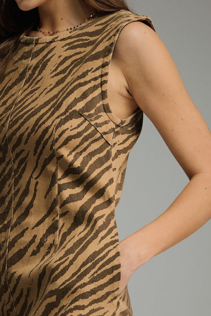 Zebra Print Sleeveless Mini Dress - Brown