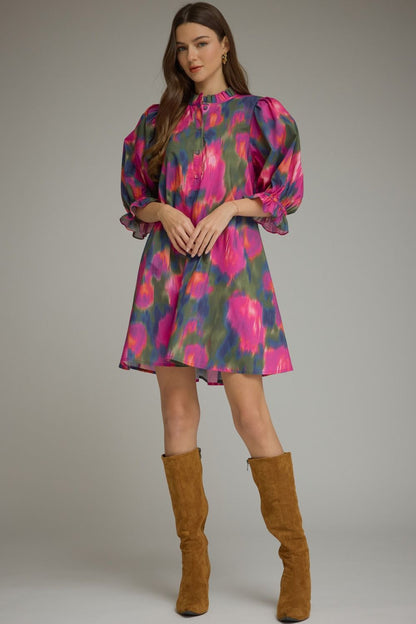 Ruffled Mock Neck Puff Sleeve Dress - Magenta
