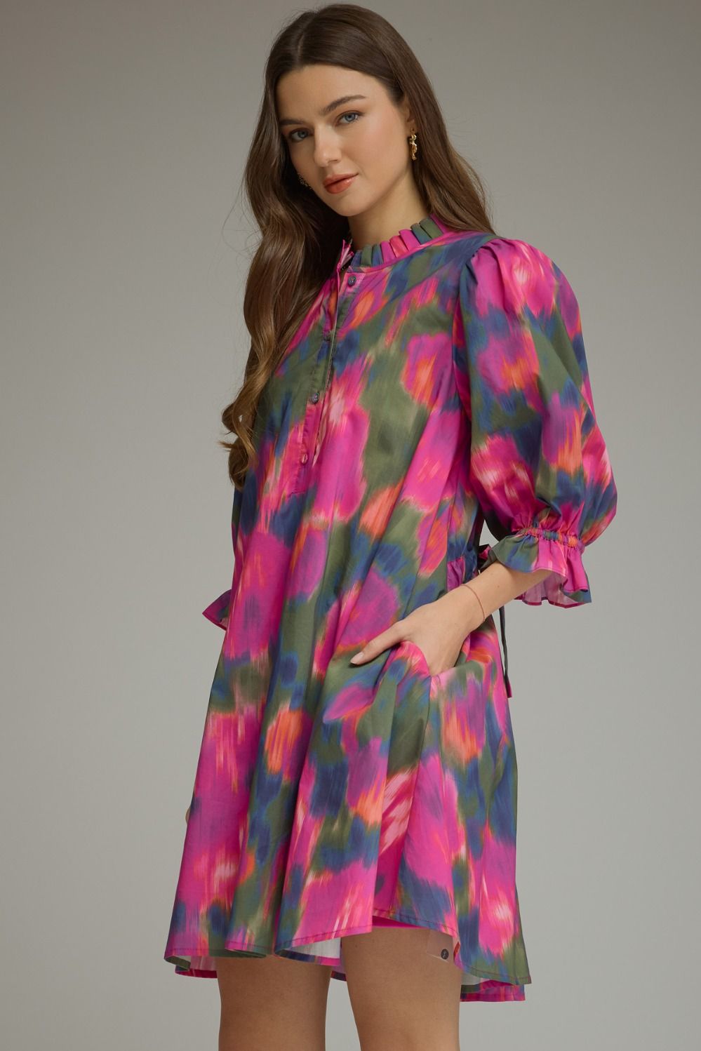 Ruffled Mock Neck Puff Sleeve Dress - Magenta