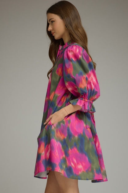 Ruffled Mock Neck Puff Sleeve Dress - Magenta