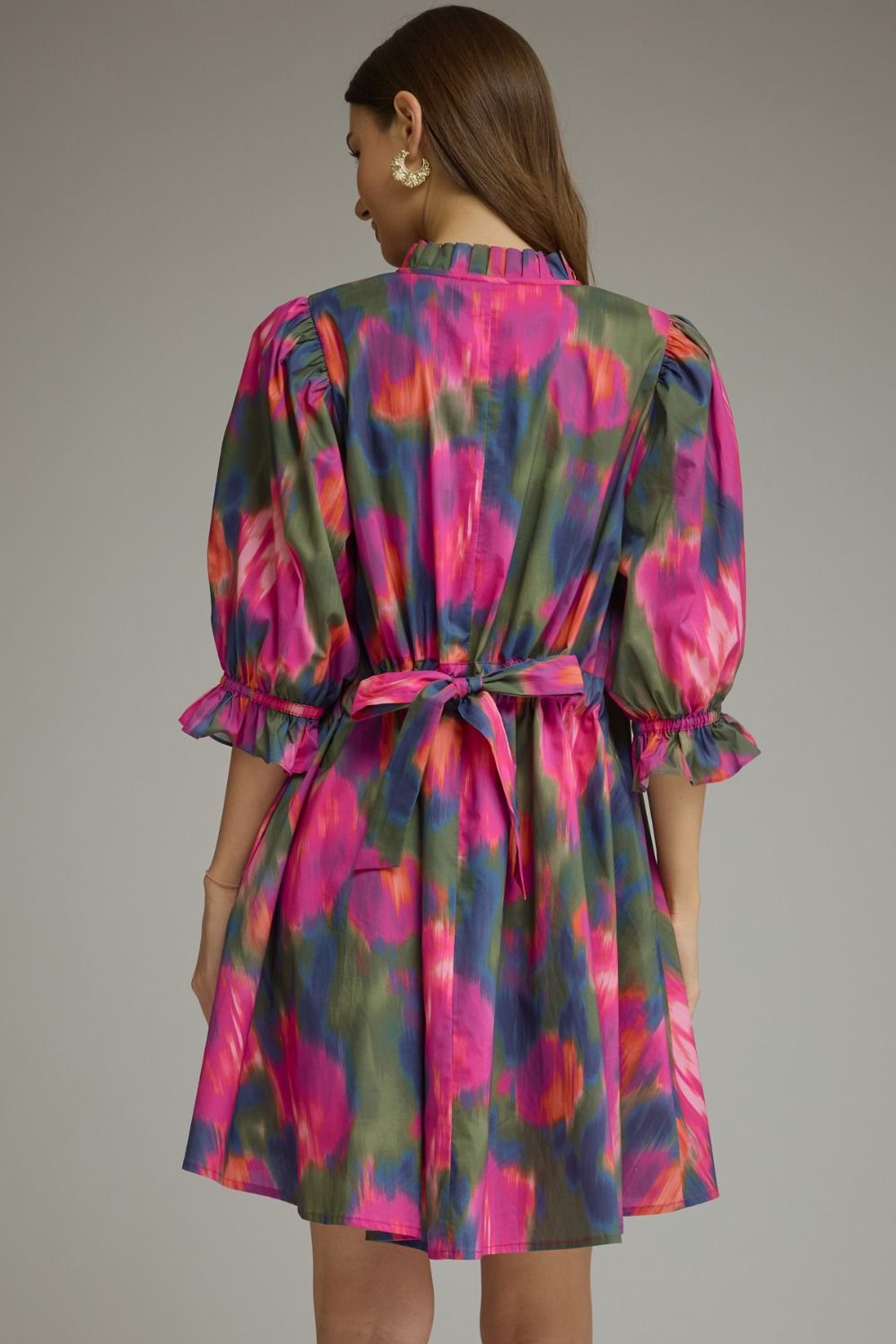 Ruffled Mock Neck Puff Sleeve Dress - Magenta