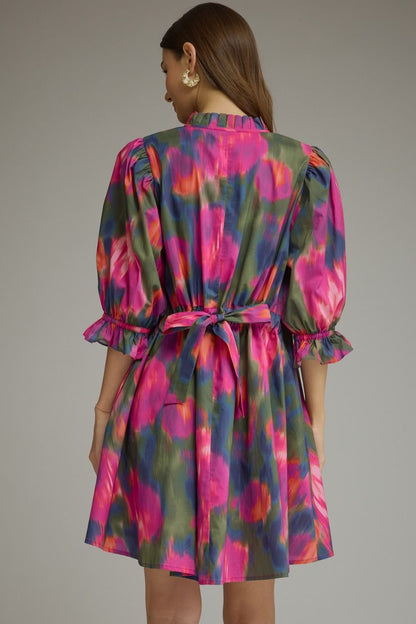 Ruffled Mock Neck Puff Sleeve Dress - Magenta