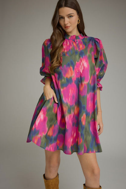 Ruffled Mock Neck Puff Sleeve Dress - Magenta