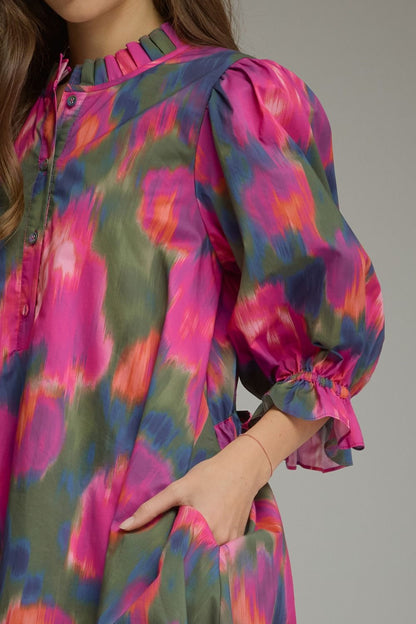 Ruffled Mock Neck Puff Sleeve Dress - Magenta