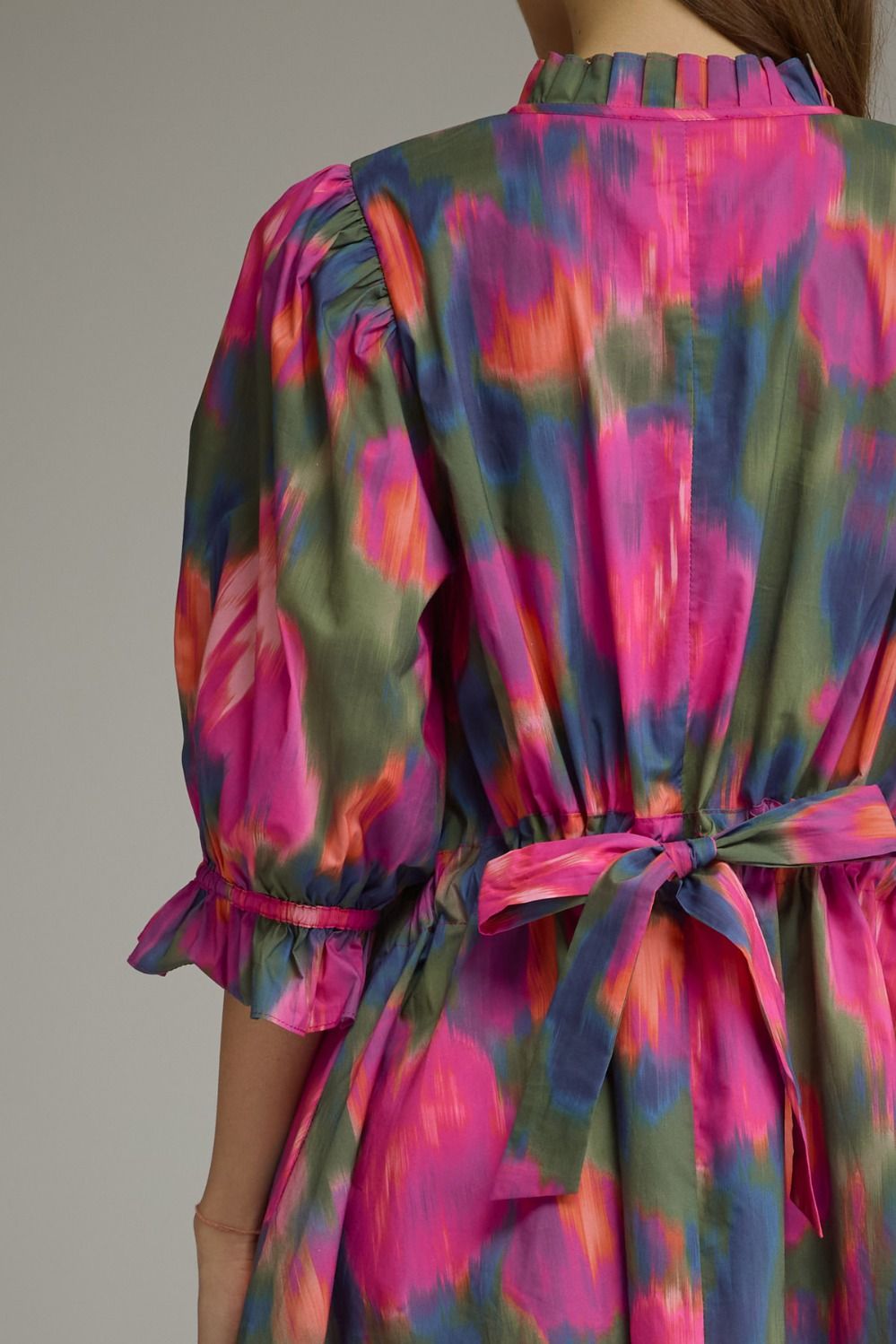 Ruffled Mock Neck Puff Sleeve Dress - Magenta