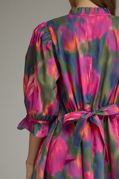 Ruffled Mock Neck Puff Sleeve Dress - Magenta